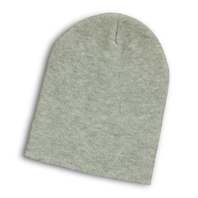 Heather Slouch Grey Beanie: cozy slouch-style, rib knit, chic heather pattern, one size fits most, perfect for chilly days.