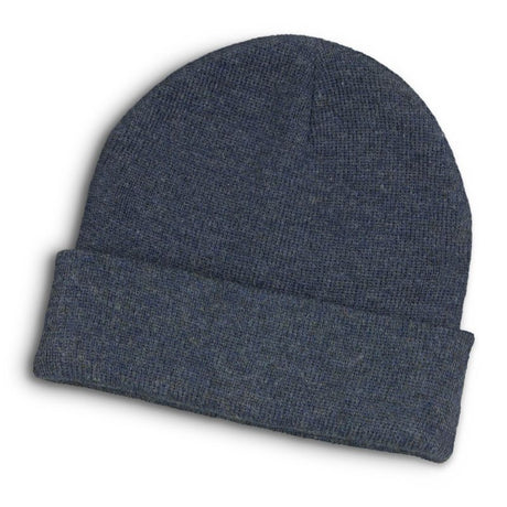 Warm Everest Heather Navy beanie with stylish two-tone effect, roll-up cuff, and one-size-fits-most design. Perfect for winter wear.