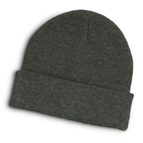 Warm-hued heathered charcoal beanie with roll-up cuff, made of soft acrylic; perfect winter accessory for all.