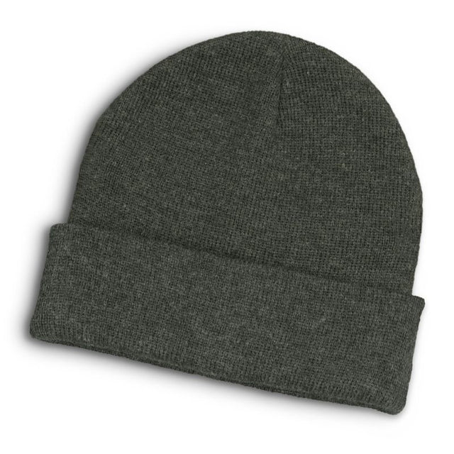 Warm-hued heathered charcoal beanie with roll-up cuff, made of soft acrylic; perfect winter accessory for all.