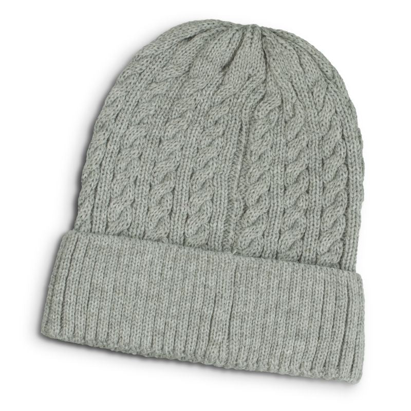 Knit beanie in Altitude Grey with a chunky cable knit design and roll-up cuff, ideal for stylish warmth this winter.