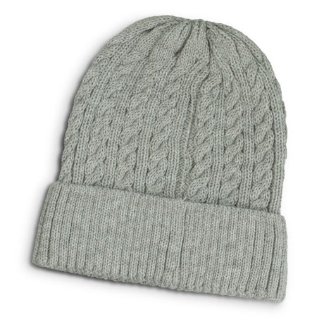 Knit beanie in Altitude Grey with a chunky cable knit design and roll-up cuff, ideal for stylish warmth this winter.
