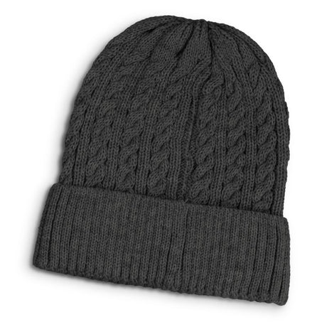 A cozy charcoal knit beanie featuring a chunky cable knit pattern and roll-up cuff, ideal for winter style and warmth.