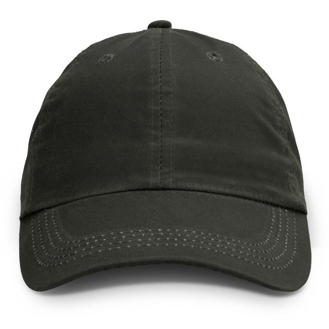 Six-pack of Oilskin Dark Olive caps, crafted from waterproof cotton with ventilated eyelets and adjustable buckle for comfort and style.