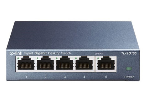 TP-Link SG105 5-Port Gigabit Switch in a sleek steel case, offering fast, reliable networking with eco-friendly power savings.