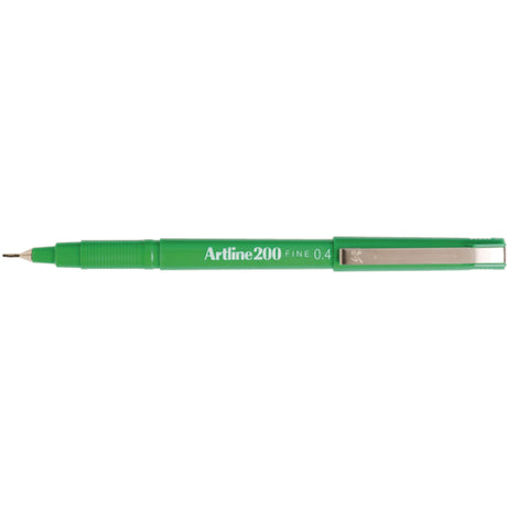 Artline 200 Fineliner Pen set in vibrant green, 12 units, 0.4mm tips for detailed writing and drawing with blur-proof ink.