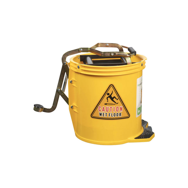 Cleanlink 16L yellow mop bucket with metal wringer, heavy-duty plastic, castors for mobility, ideal for effective cleaning.