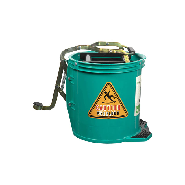 Cleanlink 16L green mop bucket with metal wringer, durable design, easy-rolling castors, and non-slip foot pedal for efficient cleaning.