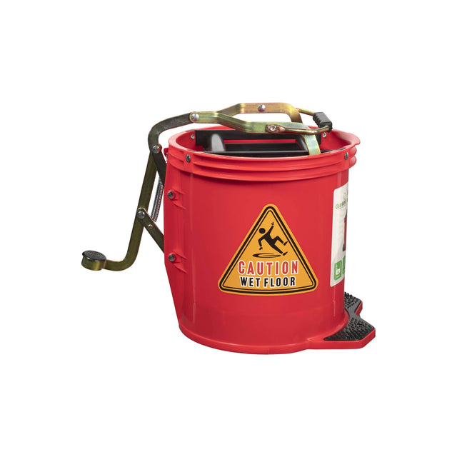 Heavy-duty red mop bucket with metal wringer, 16L capacity, non-slip foot pedal, and castors for easy movement.