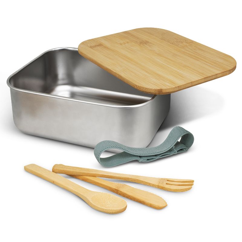 Stainless steel lunch box with bamboo lid and elastic strap, includes bamboo cutlery for eco-friendly meals.