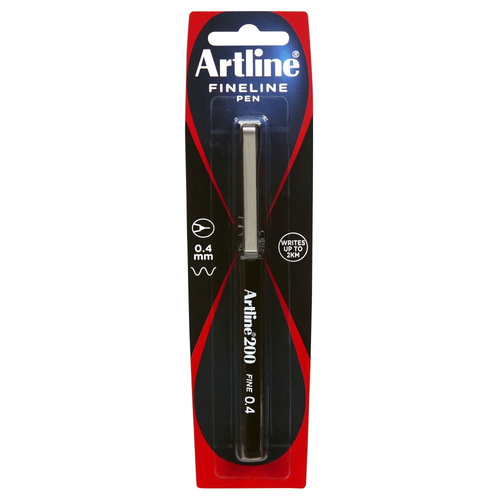 Artline 200 Fineliner Pen with 0.4mm nib, ideal for precise writing and drawing, featuring instant-drying, blur-proof black ink.