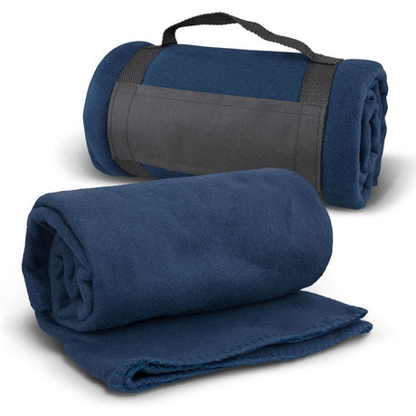 Set of 3 navy fleece blankets with Velcro strap, soft and warm, perfect for cozy nights and outdoor use.