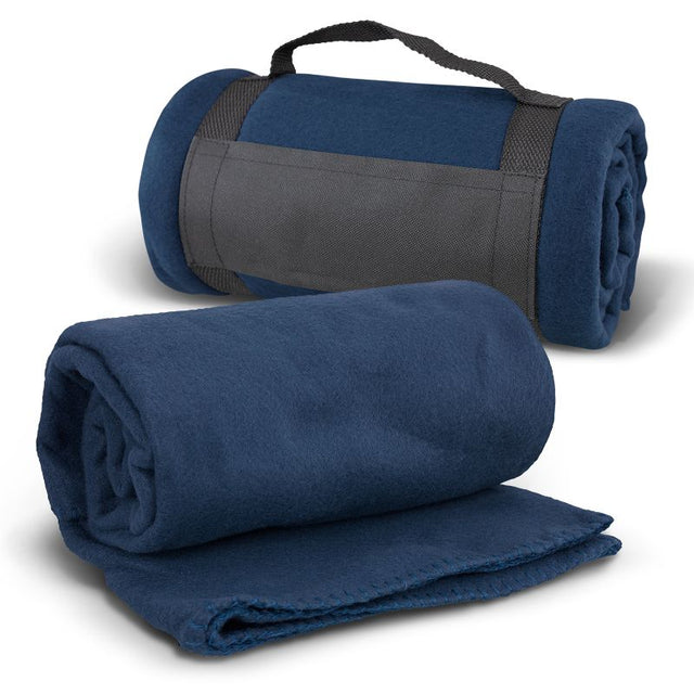 Set of 3 navy fleece blankets with Velcro strap, soft and warm, perfect for cozy nights and outdoor use.
