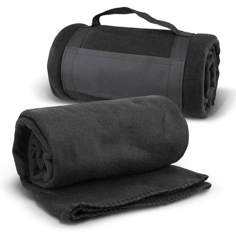 Set of 3 sleek black fleece blankets with straps, perfect for warmth and portability for home or outdoor use.