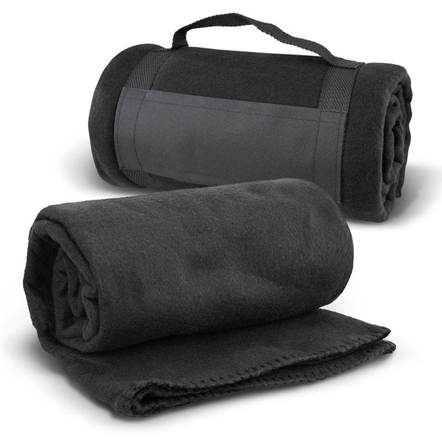 Set of 3 sleek black fleece blankets with straps, perfect for warmth and portability for home or outdoor use.