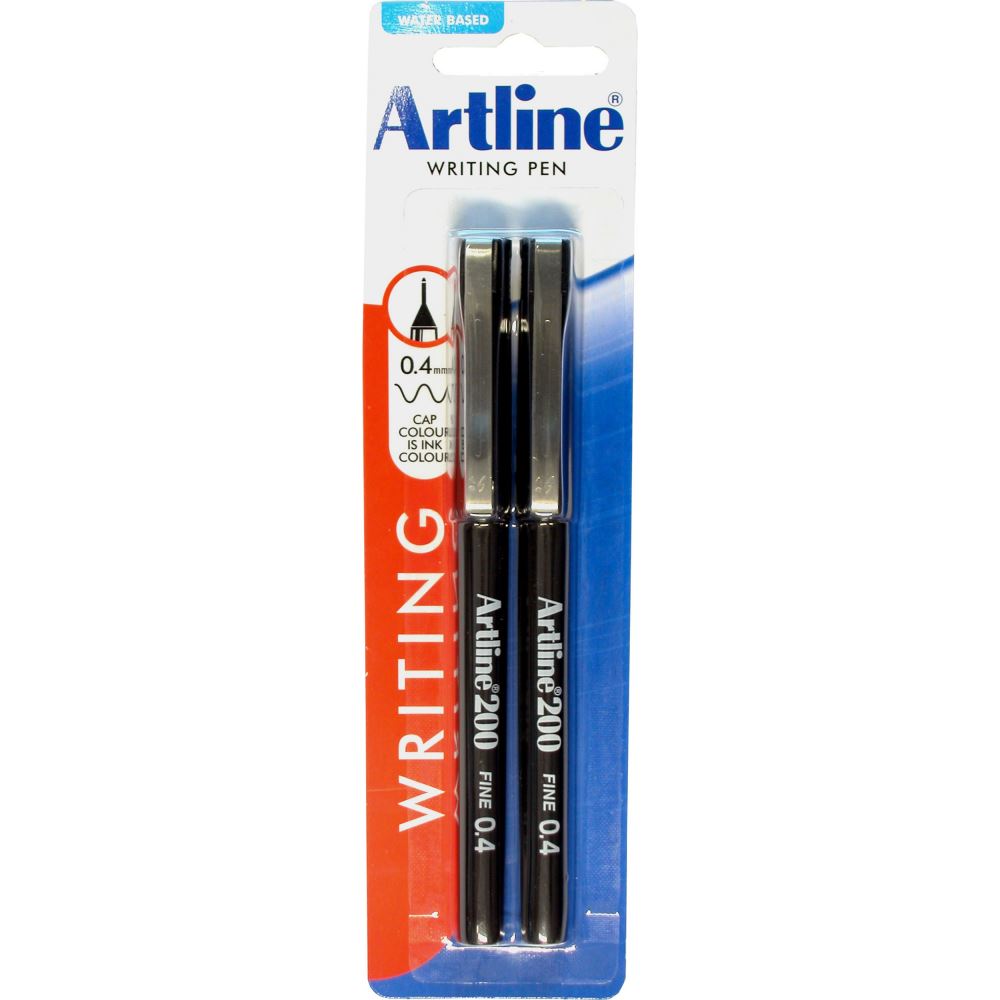 Artline 200 Fineliner Pen 0.4mm in black, featuring fine tip for precise writing and detailed drawing, with instant drying ink.