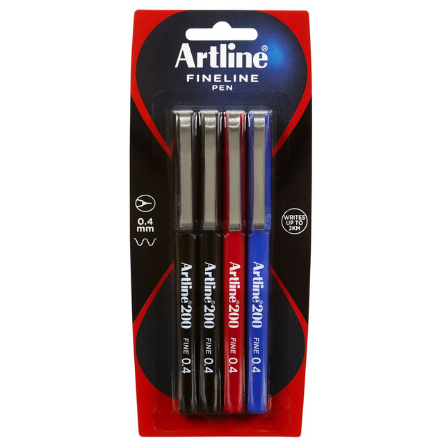 Artline 200 Fineliner Pen set features 0.4mm tips with instant-drying, blur-proof ink in assorted colors for precise writing and drawing.