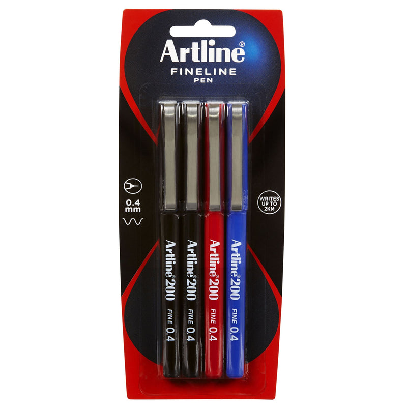 Artline 200 Fineliner Pen 0.4mm Hangsell 4pce Assorted