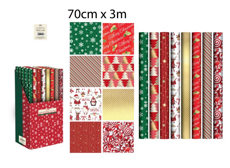 Assorted Christmas wrapping paper set with 48 unique rolls, each 3m long, featuring vibrant colors and holiday motifs.