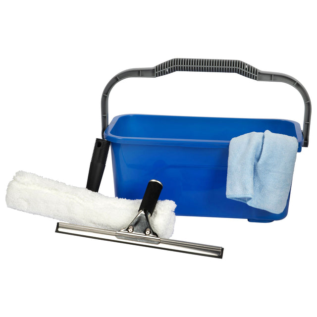 Cleanlink Window Cleaning Kit featuring a 12L bucket, squeegee, and microfibre cloth for streak-free, eco-friendly cleaning.