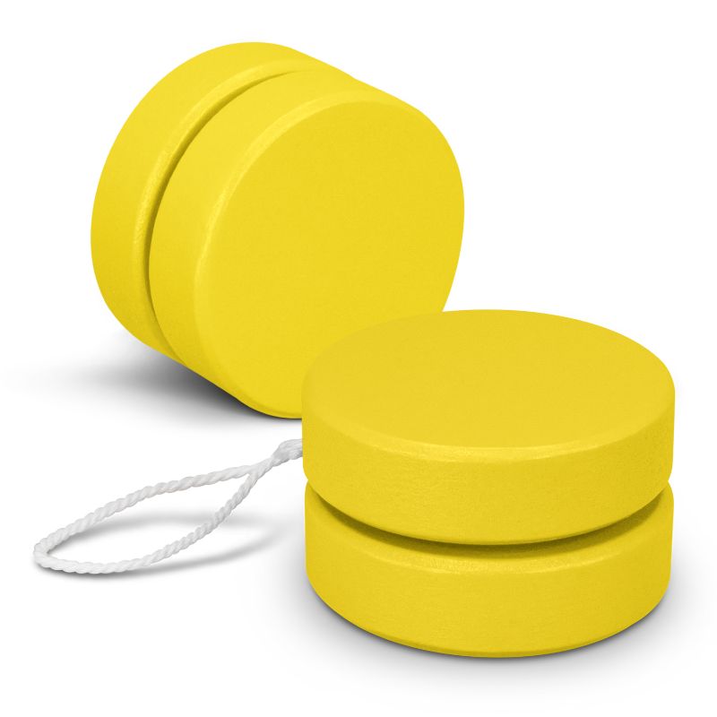 Bright yellow wooden yoyo featuring unique grain patterns, perfect for enhancing hand-eye coordination and fun playtime.