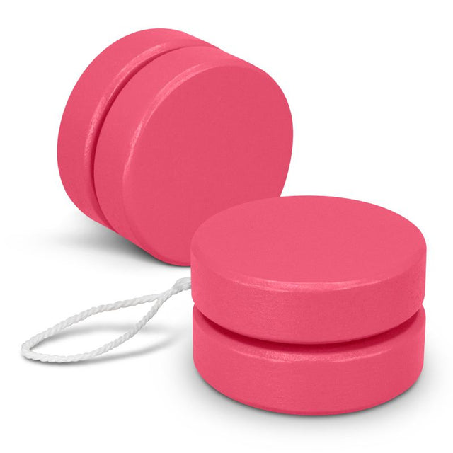 Vibrant pink wooden yoyo with smooth cotton string, ideal for playful fun and skill development, bulk pack of 50 units.