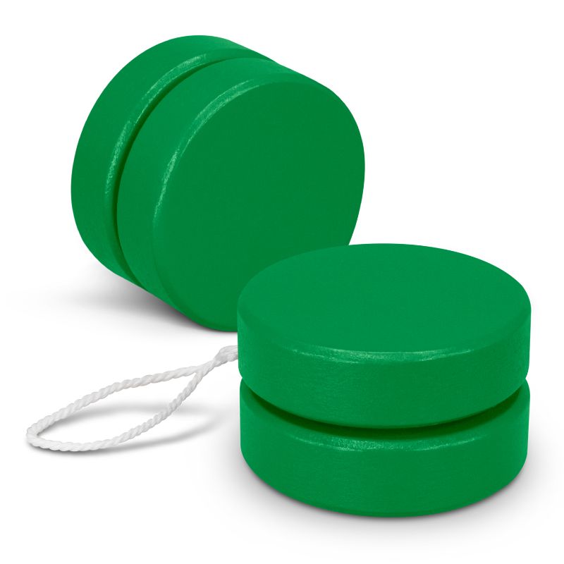 Wooden yoyo in vibrant Kelly green with jester design, perfect for play and developing motor skills; 50 units included.