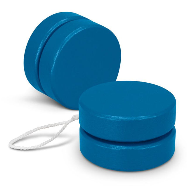 Dark blue wooden yoyo for kids and adults, promotes coordination and fine motor skills, 54mm diameter, 50 units per pack.