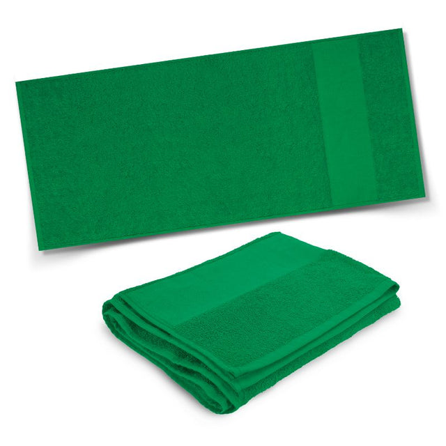 Set of 6 Kelly Green cotton towels, compact size 120cm x 60cm, offering superior comfort and style for bath and travel use.