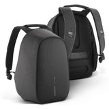 Sleek black Bobby Hero anti-theft backpack with USB port, hidden pockets, and eco-friendly RPET materials for secure travel.