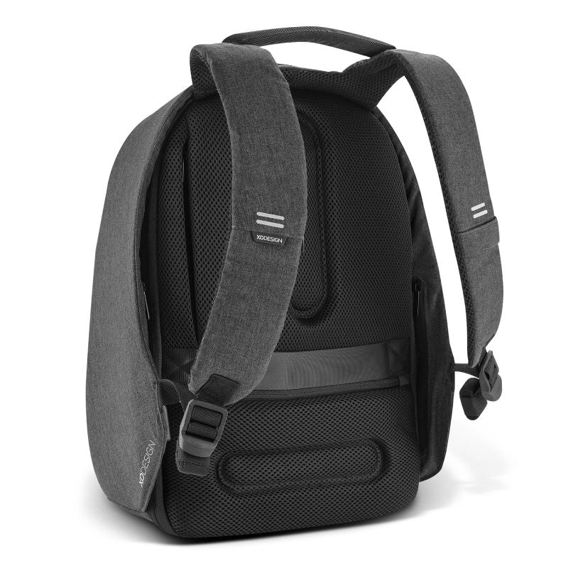 Sleek black Bobby Hero Backpack featuring anti-theft design, RFID pockets, laptop compartment, and eco-friendly materials.