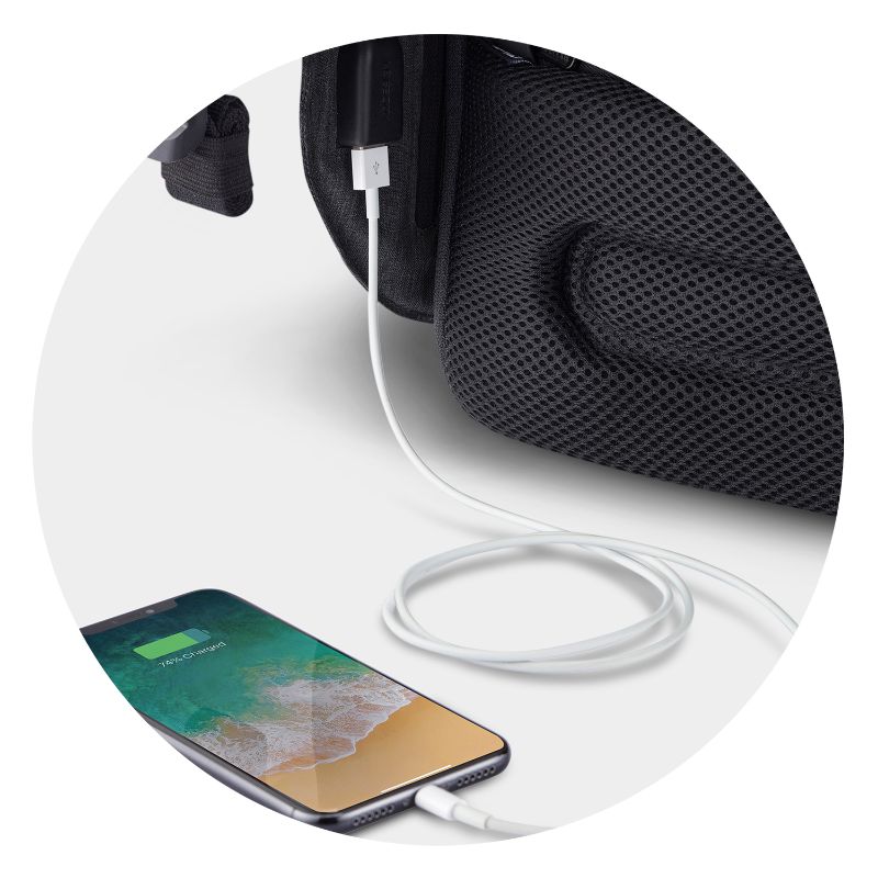 Sleek black Bobby Hero Backpack with anti-theft features, USB port, and eco-friendly RPET materials for safe travel.