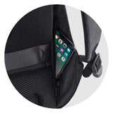 Sleek black anti-theft backpack with USB port, hidden pockets, and eco-friendly RPET materials for secure travel.