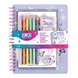 Butterfly All-In-1 Sketching Set featuring a 200-page sketchbook, colored pencils, erasers, sharpener, and stickers for creative expression.