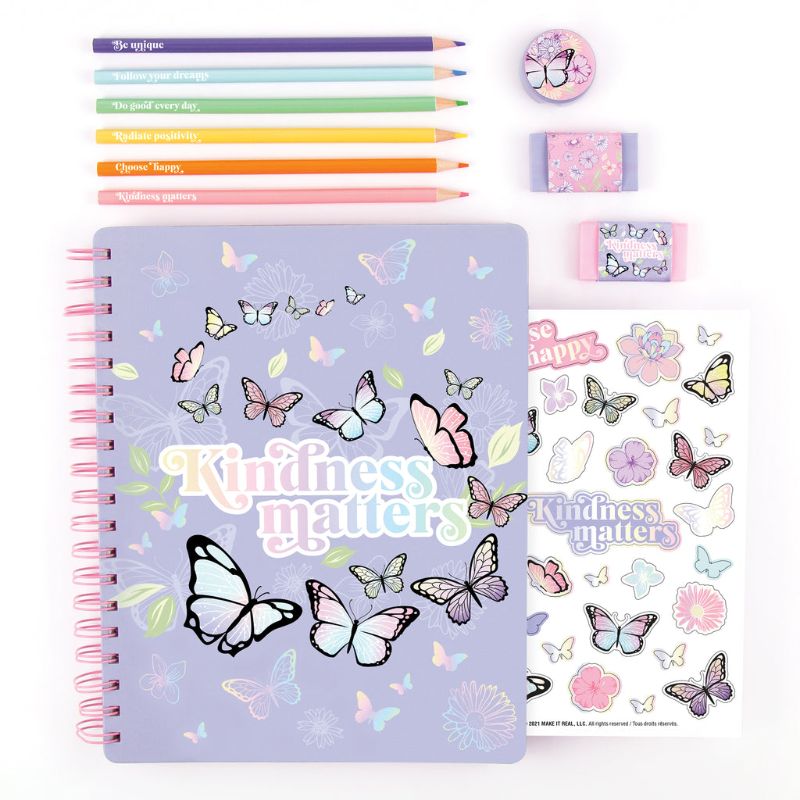 Butterfly All-In-1 Sketching Set: 200-page sketchbook, 6 colored pencils, erasers, sharpener, and stickers for young artists.