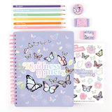 Butterfly All-In-1 Sketching Set: 200-page sketchbook, 6 colored pencils, erasers, sharpener, and stickers for young artists.