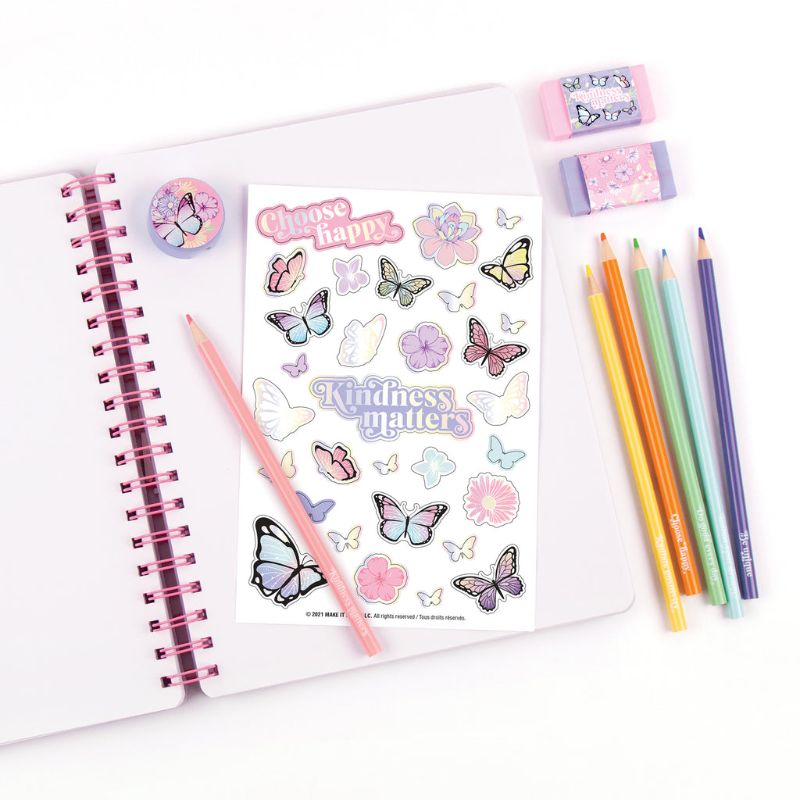 Butterfly All-In-1 Sketching Set with 200-page sketchbook, 6 colored pencils, erasers, sharpener, and stickers for creative kids.