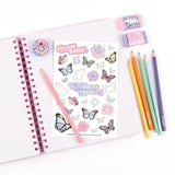 Butterfly All-In-1 Sketching Set with 200-page sketchbook, 6 colored pencils, erasers, sharpener, and stickers for creative kids.