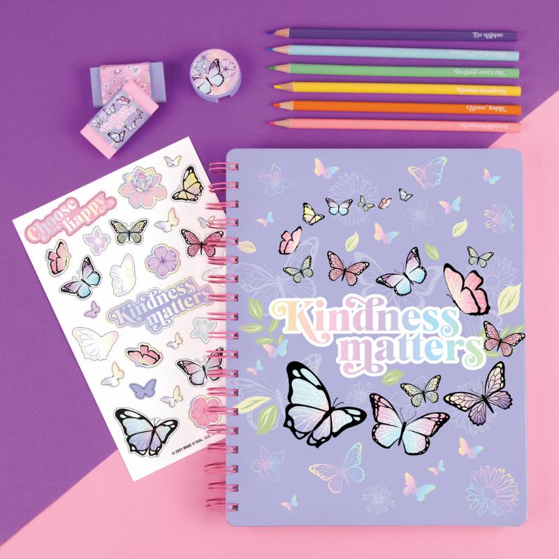 Butterfly All-In-1 Sketching Set for kids, featuring a 200-page sketchbook, colored pencils, erasers, sharpener, and stickers.