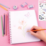 Butterfly All-In-1 Sketching Set featuring a butterfly sketchbook, colored pencils, erasers, sharpener, and stickers for kids.