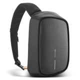 Bobby Sling Bag in black featuring anti-theft technology, adjustable strap, USB charging, and eco-friendly RPET materials.