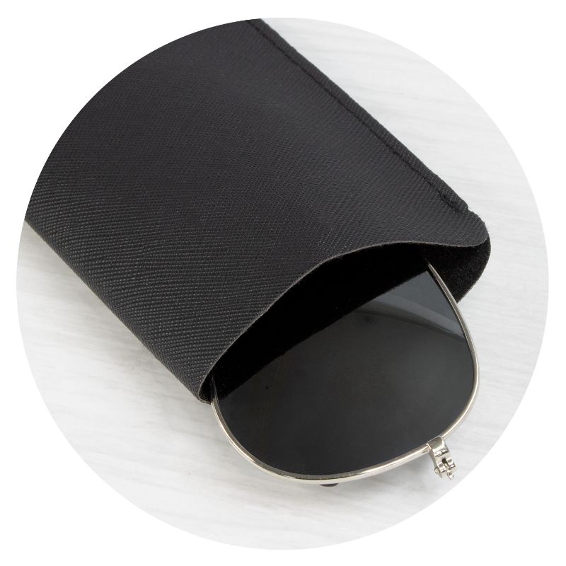 Stylish black sunglass pouch with microfiber lining, fits popular styles like Malibu and Aviator, 50 units per order.
