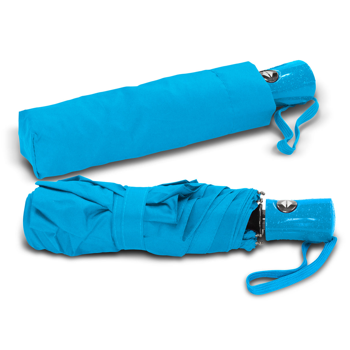 Cyan tri-folding umbrella with eight-panel canopy, automatic opening, and raindrop finish handle for stylish rain protection.