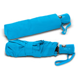 Cyan tri-folding umbrella with eight-panel canopy, automatic opening, and raindrop finish handle for stylish rain protection.