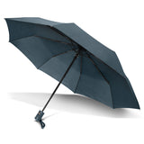 Navy tri-fold umbrella with wind-proof pongee canopy, automatic open/close, and raindrop finish handle for stylish protection.