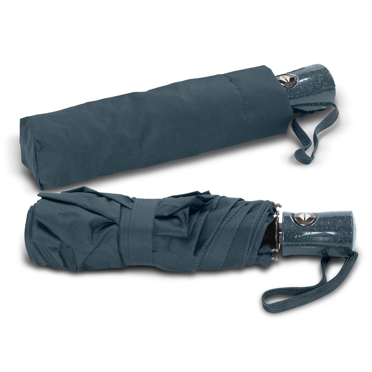 Navy Dew Drop umbrella with a wind-proof canopy, automatic open/close, and unique raindrop handle for stylish rain protection.