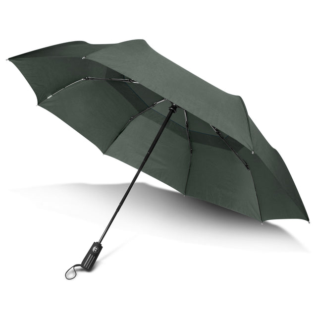Charcoal tri-folding umbrella with 1050mm canopy, strong steel ribs, automatic opening, and portable carry handle.