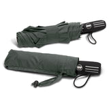 Charcoal tri-folding umbrella with 1050mm canopy, automatic opening, and durable steel frame, perfect for unpredictable weather.