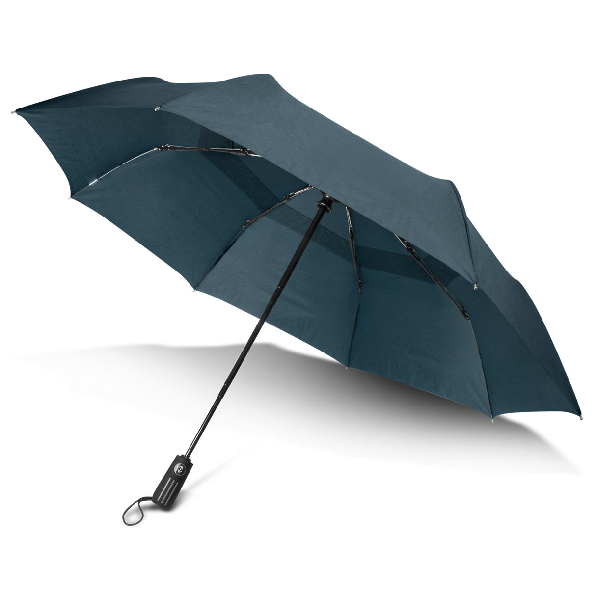 Navy tri-folding umbrella with a 1050mm vented nylon canopy and automatic opening for reliable weather protection.