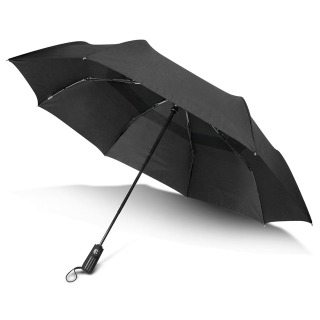 A sleek black tri-folding umbrella with a 1050mm canopy, automatic opening, and durable vented nylon for wind resistance.